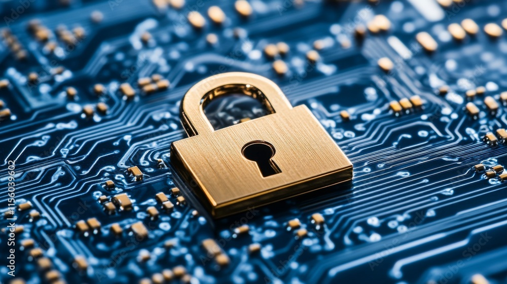 Poster golden lock on circuit board background