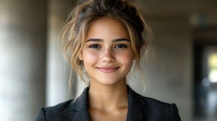 Fototapeta premium A young woman with a warm smile stands in a stylish office space, exuding confidence and professionalism