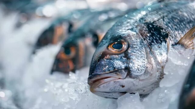 Freshly caught fish laid out on a bed of ice at a market counter, showcasing their natural texture and freshness, ideal for cooking or grilling.