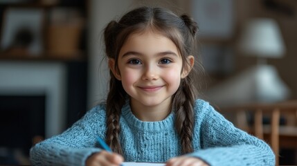 Child with braided hair enjoys drawing in a warm, inviting room filled with soft sunlight