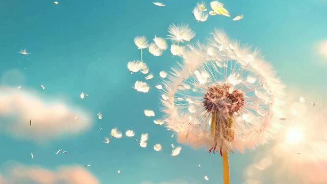 A delicate dandelion releasing its seeds into the wind, symbolizing change, freedom, and the fleeting beauty of nature as they drift through the air.