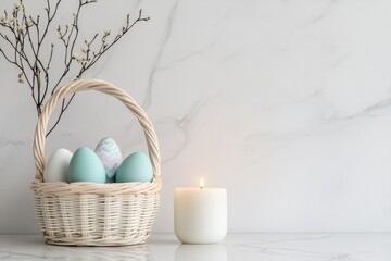 easter home decor, an easter basket from the church placed on a clean white marble counter in a simple kitchen with dyed eggs and a candle lit nearby