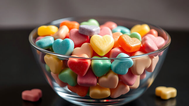A close-up view of a glass bowl overflowing with colorful heart-shaped candies