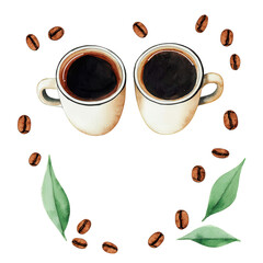 Obraz premium Two Heart-Shaped Coffee Cups Forming a Romantic Symbol with Watercolor Elements and Coffee Beans for Cozy and Charmings