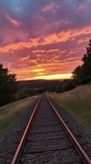 Obraz premium Vibrant sunset over railway tracks stretching into the horizon in a rural setting