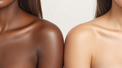Close up two women's shoulders showcasing diverse skin tones representation beauty all shades
