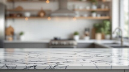 Clean modern kitchen countertop with blurred background used for product placement or food photography