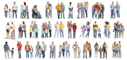 Collage of happy families on white background