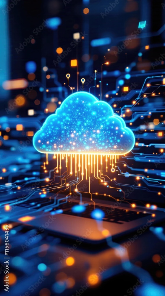 Poster digital cloud computing concept glowing cloud icon above laptop representing data storage connectivi