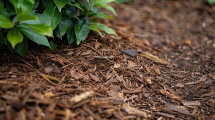 Fototapeta premium Close-up of Dark Brown Wood Mulch in a Garden Bed
