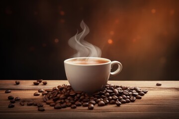Steaming Cup of Coffee with Heart-Shaped Latte Art on Wooden Surface