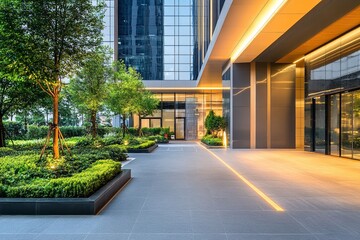 Obraz premium Ultra-Modern Architectural Facade with Clean Lines, Soft Lighting, and Minimalist Entrance