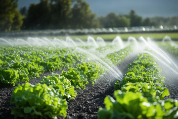 A modern irrigation system watering lush green crops under a clear blue sky.