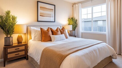 Cozy Bedroom with White Bedding, Framed Artwork, Warm Lighting, and Indoor Plants