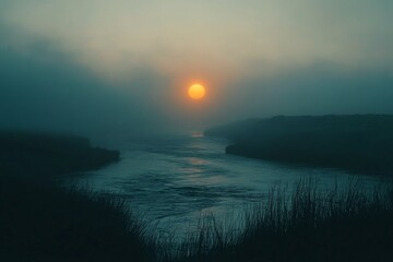 Sunset over turbulent ocean waves with dark clouds in the background