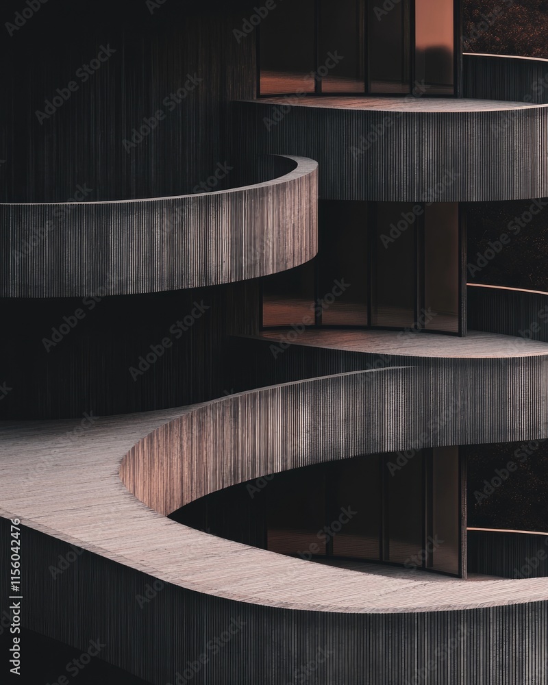 Poster abstract architectural design featuring curved, layered structures in muted tones.