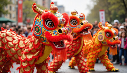Lunar New Year parade with a dragon dance , Dragon head costumes, Chinese New Year celebration
