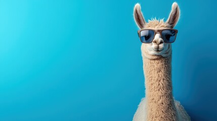 Funny Llama Wearing Sunglasses Posing Against a Bright Blue Background