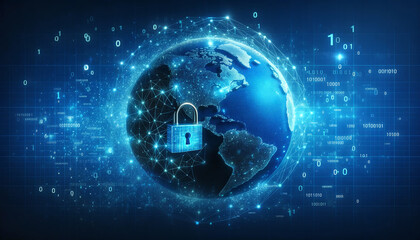 Secured World Globe Technology with Data Network padlock, cyber security Concept 