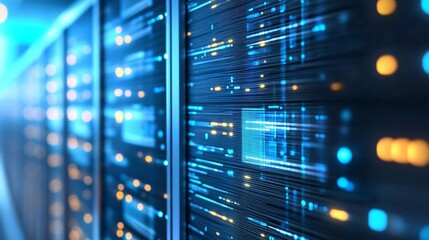 Futuristic Server Center with Neon Lighting and Holograms