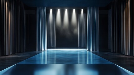 Fototapeta premium Sleek Modern Stage with Spotlights and Elegant Curtains in a Dark Theater