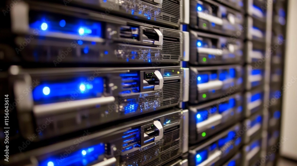 Poster glowing server racks in data center environment
