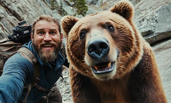 Man taking selfie and escaping from a brown bear attack