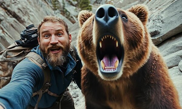 Man taking selfie and escaping from a brown bear attack