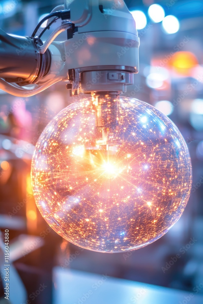 Poster a glowing orb with intricate light patterns, showcasing advanced technology in a modern setting.