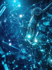 A futuristic robotic arm amidst a network of digital connections and glowing nodes.