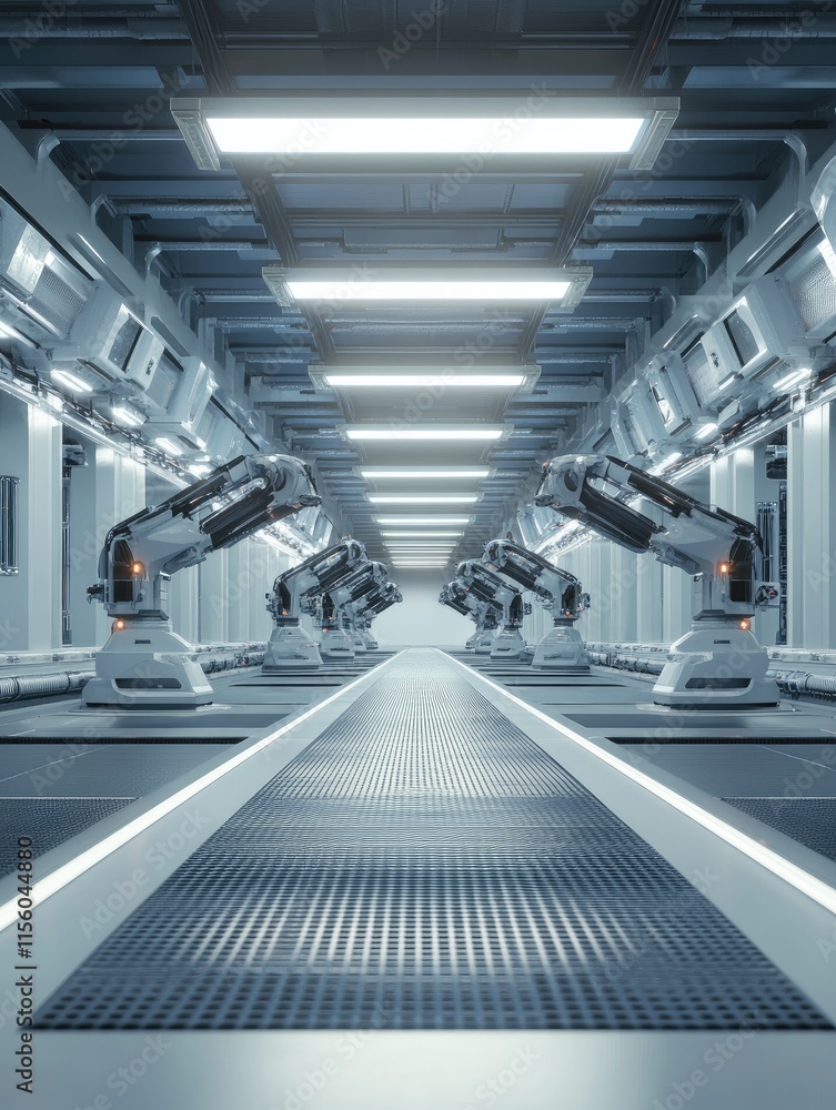 Poster a futuristic industrial setting with robotic arms aligned for automated tasks.