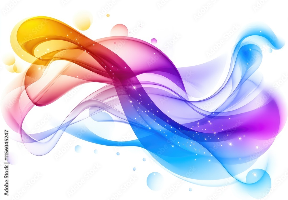 Poster abstract colorful waves with smooth gradients and bubbles, suitable for backgrounds or designs.