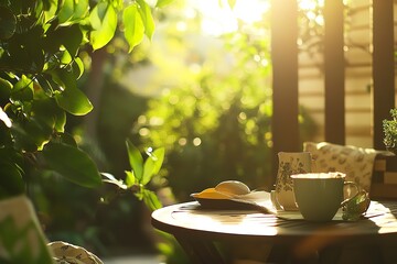 Serene Outdoor Patio with Green Foliage and Cozy Coffee Table Setup