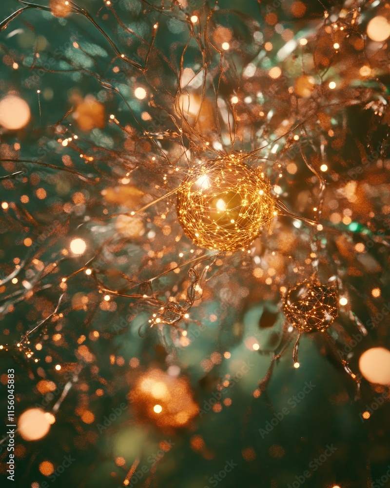 Aufkleber a close-up view of glowing cells or particles interconnected with fine threads of light.