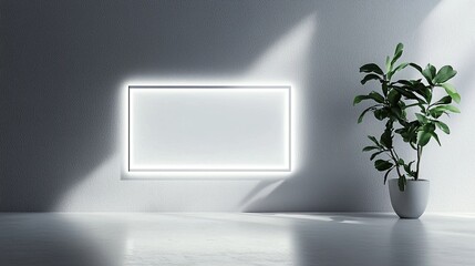 Obraz premium Modern minimalistic interior with glowing frame and potted plant creating a clean aesthetic