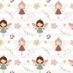 Seamless pattern with cute fairies and flowers. Fairy tale springtime background in pastel colors. Cartoon patterns.