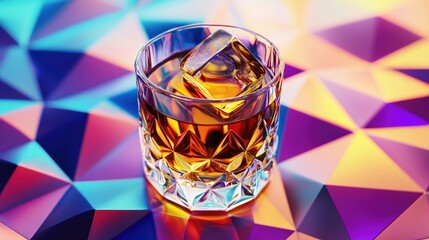 Colorful geometric background featuring a faceted glass tumbler with amber liquid and ice on a vibrant surface