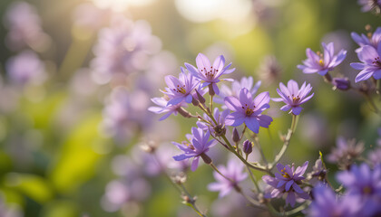Obraz premium Close Up on Delicate and Vibrant Purple Flowers in Bright Sunlight : Generative AI