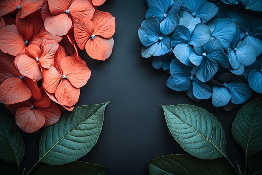 A contrasting display of red and blue hydrangea flowers with green leaves on a dark background - Powered by Adobe