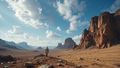 Naklejka premium Solitary Figure in Vast Desert Landscape