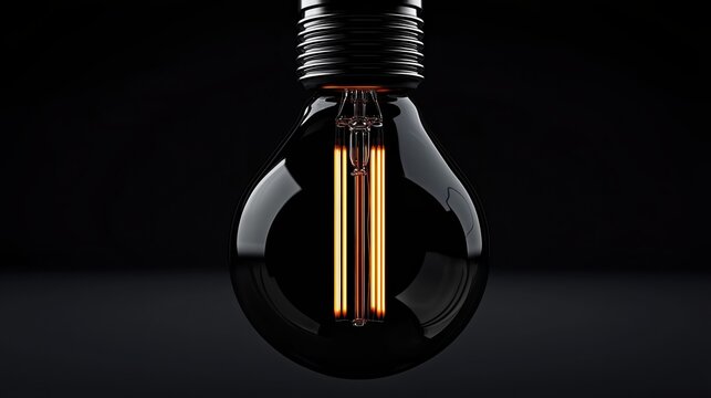 Black light bulb with glowing orange filament showcasing a sleek glossy surface in a dark setting