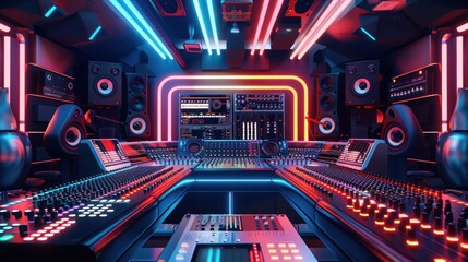 Fototapeta premium Neon-lit Recording Studio: A Symphony of Sound and Light