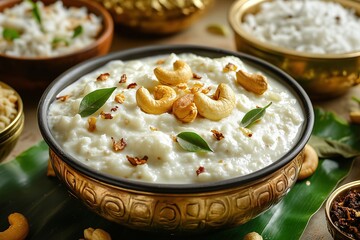 Creamy Pongal dish with Cashew Garnish, Coconut Chutney, and Sambar on Festive Banana Leaf Setting