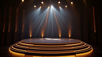 Abstract round podium illuminated with spotlight. Award ceremony concept. Stage backdrop. Vector illustration