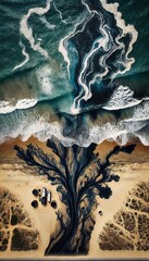 An aerial view of an oil spill forming patterns on the beach and ocean, resembling tree roots, emphasizing environmental damage and ecological impact.