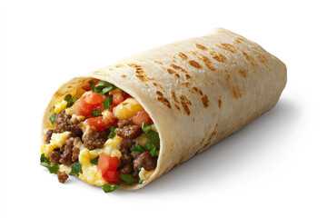Delicious Breakfast Scrambled Egg and Sausage Burrito on a white Background