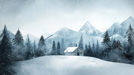 Fototapeta premium Snow falling on small cabin in mountain forest