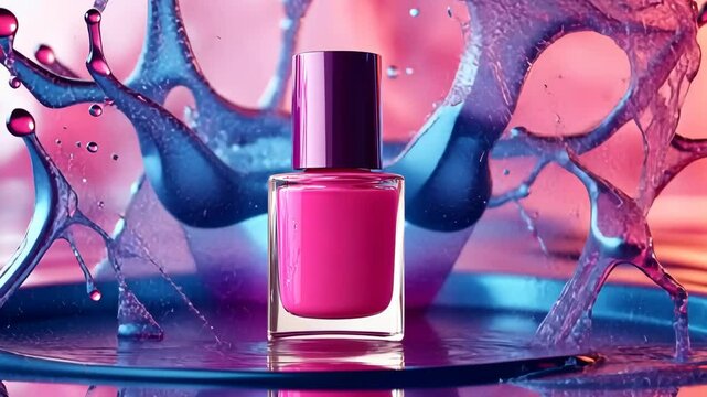 Vibrant pink nail polish in dynamic water splash sequence