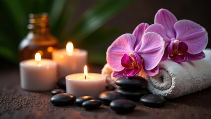 A spa setup with lit candles, black stones, a white towel, and a pink orchid flower is placed on a textured surface, with a blurred green plant in the background. Concept of: Wellness and relaxation 