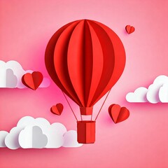 Naklejka premium heart shaped paper balloon. Various gift boxes floating among paper clouds love concept All made of paper, Origami made red hot air balloon float in the air, paper art design and craft style.